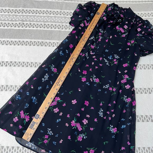 DKNY Navy Blue Floral Chiffon Bow Neckline Knee Length Shift Dress Women's 10 - Picture 4 of 9